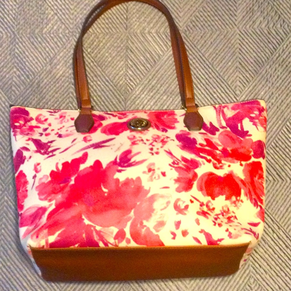 Anne Klein cream and pink floral large tote